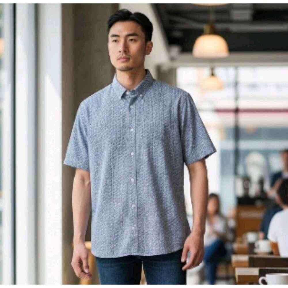 NWOT Mizzen & Main Performance Shirt Mens M White Blue Geometric AOP Button Up